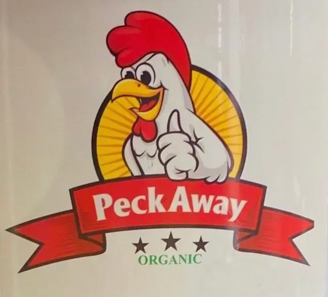 Logo of Peck Away organic chicken brand with a cartoon chicken.