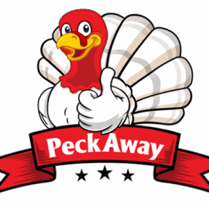 A cheerful turkey mascot giving thumbs up with a 'Peck Away' banner.