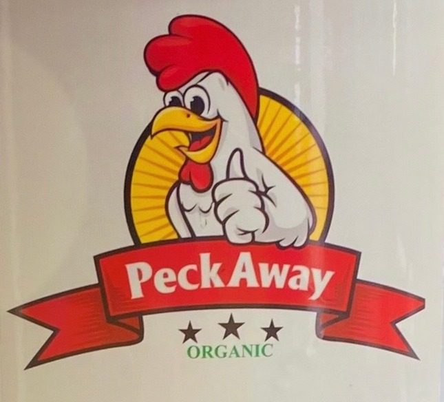 Logo of Peck Away organic chicken brand with a cartoon chicken.
