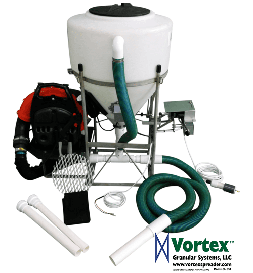 Vortex granule sprayer with motor and hose attachments.