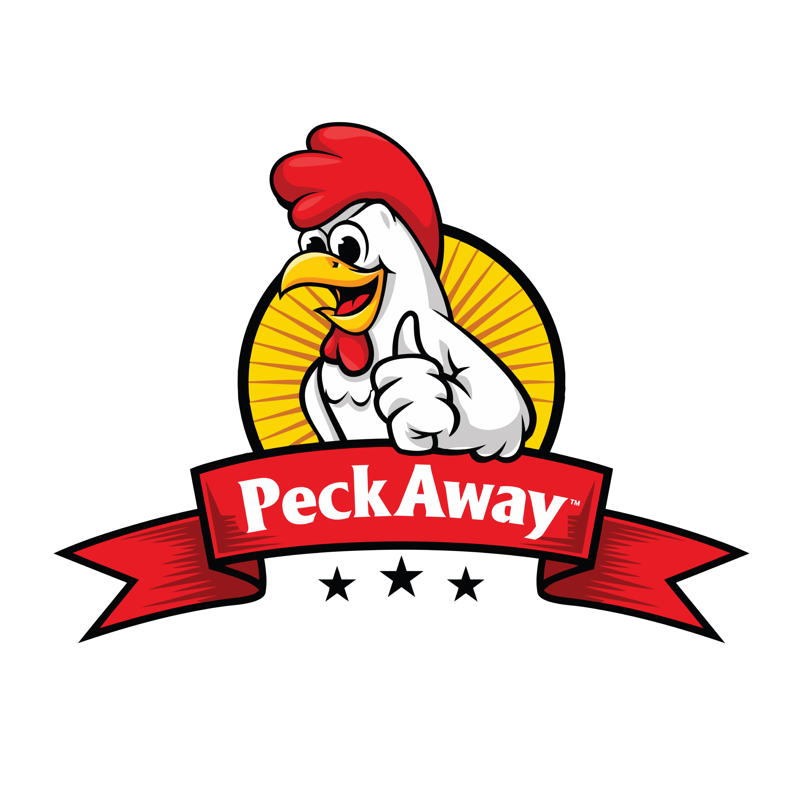 A cheerful cartoon chicken giving a thumbs up with 'PeckAway' banner.