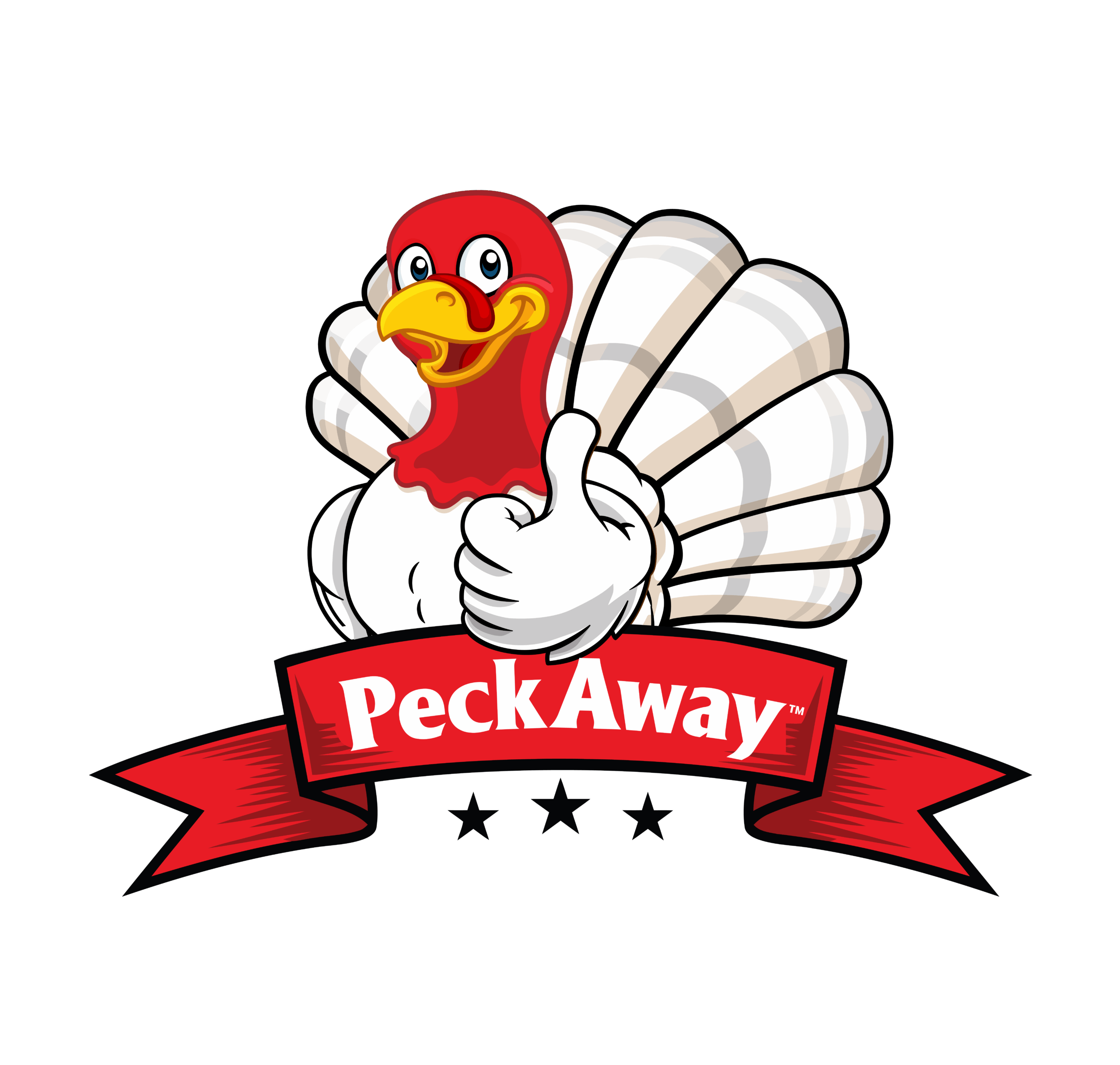 A cheerful cartoon turkey holding a sign that says 'Peck Away'.