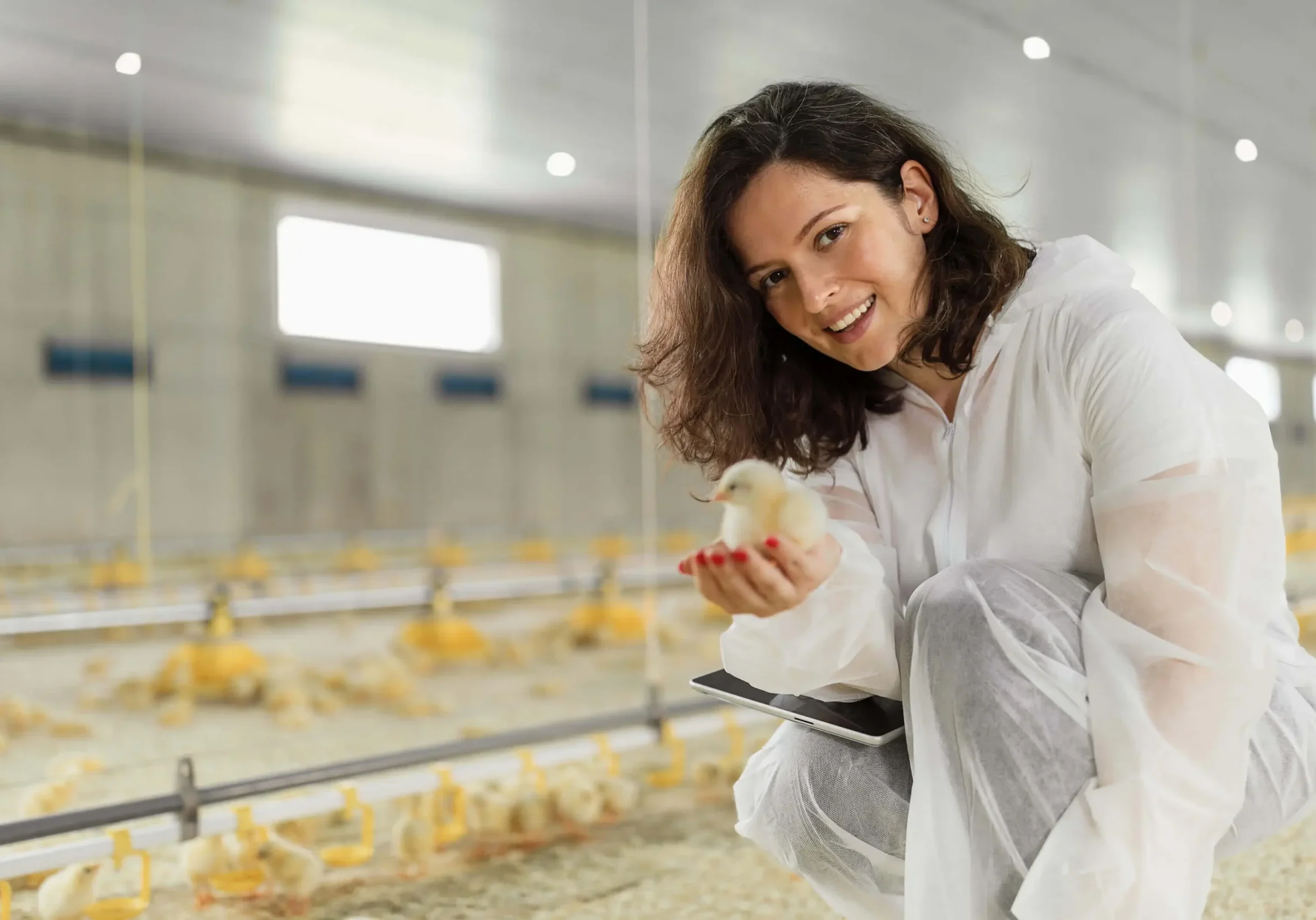 Woman in protective suit holding a chick.